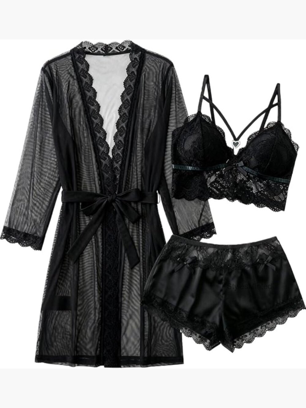 3 Piece Lace Cami Panty Set with Mesh Kimono Robe